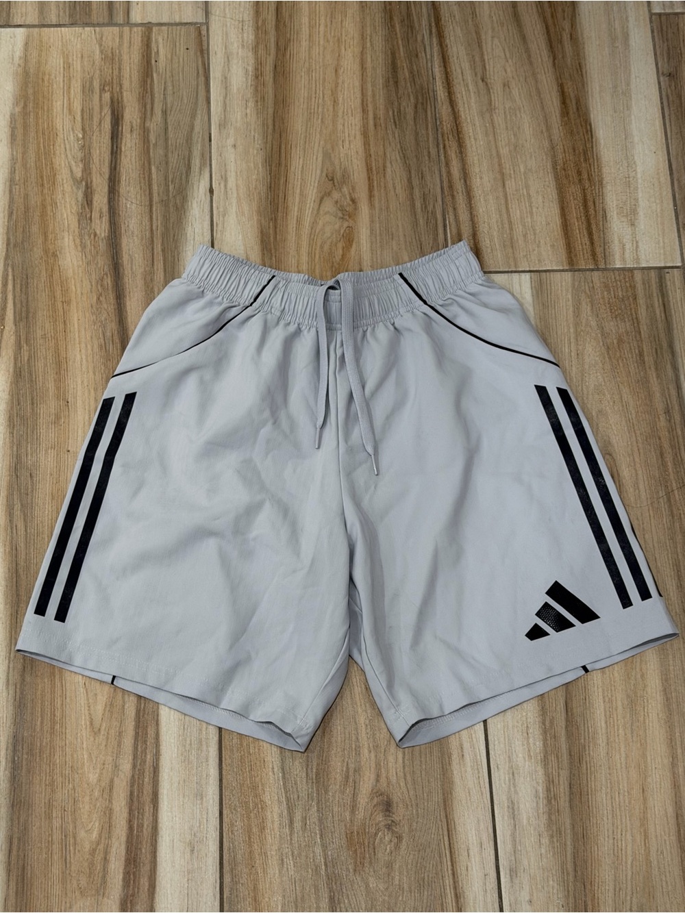 adidas Light Gray Athletic Shorts with Black Stripes